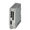 Ein grauer industrieller Netzwerk-Switch mit acht Ethernet-Ports, montiert auf einer Hutschiene. Geeignet für industrielle Anwendungen.
