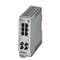 Industrieller Netzwerk-Switch mit acht Ethernet-Ports, montiert auf DIN-Schiene, geeignet für raue Umgebungen.