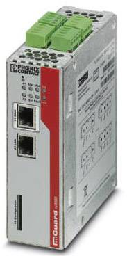 Ein silberner Phoenix Contact mGuard Delta, ein robustes Sicherheitsgerät für industrielle Netzwerkkommunikation mit Ethernet-Anschlüssen.