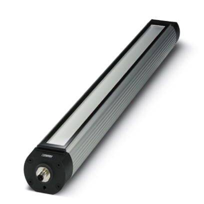 Ein länglicher LED-Lichtbalken in einem Metallgehäuse, diagonal positioniert. Er hat ein robustes Design und ist geeignet für industrielle Anwendungen.