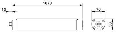 Abbildung zeigt technische Zeichnung eines länglichen Bauteils mit den Maßen: Länge 1070 mm, Höhe 58 mm, Breite 70 mm.