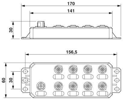 Technische Zeichnung eines rechteckigen elektrischen Anschlussmoduls mit Abmessungen und mehreren Anschlusspunkten von oben und seitlich.