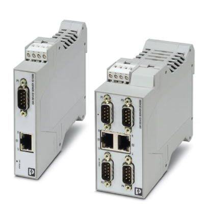 Zwei graue industrielle Netzwerkmodule mit mehreren Ethernet- und RS-232-Ports, geeignet für Steuerungssysteme und Datenkommunikation.