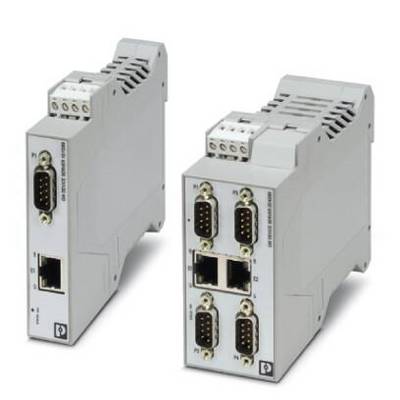 Zwei graue industrielle Netzwerkgeräte mit mehreren Anschlussports, darunter Ethernet und serielle Schnittstellen, für Steuerungsanwendungen.