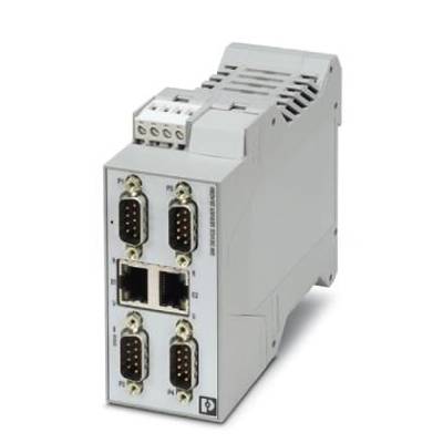 Industrielles Netzwerkmodul mit vier seriellen Anschlüssen und zwei Ethernet-Ports, geeignet zur Verbindung von Geräten in industriellen Anwendungen.