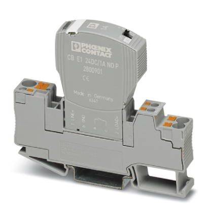 Ein grauer Phoenix Contact CB E1 Schutzschalter mit orangen Anschlüssen für DIN-Schienenmontage. Modell: 24V DC/1A NO P.