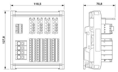 Technische Zeichnung eines elektrischen Schaltschrankes mit Abmessungen: Breite 118,5 mm, Höhe 127,8 mm, Tiefe 70,8 mm.