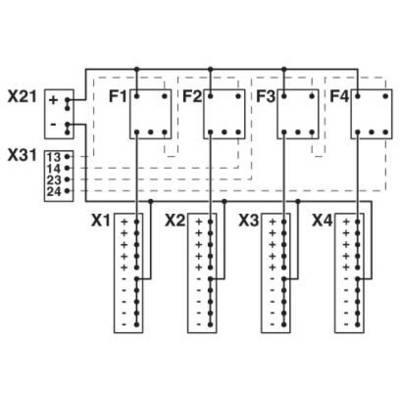 'Schaltplan zeigt eine elektrische Verteilung mit vier FI-Schutzschaltern F1 bis F4, verbunden mit den Anschlüssen X1 bis X4.'