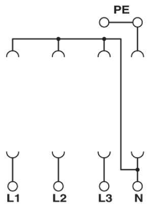 Einphasig geerdeter Neutralleiter zeigt Verbindungen zu PE, L1, L2 und L3 in einem Stromverdrahtungsdiagramm.