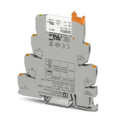 Ein graues, elektronisches Relaismodul mit mehreren Anschlüssen und orangefarbenen Elementen, verwendet in industriellen Anwendungen.