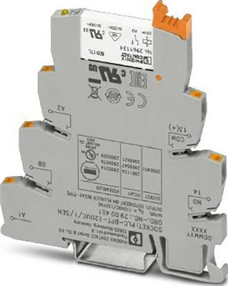 Ein graues elektrisches Modulsystem mit mehreren Steckanschlüssen und Aufschriften, verwendet in industriellen Steuerungsanwendungen.