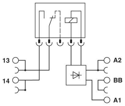 Schaltplan eines Relais mit Anschlüssen 13, 14, A2, BB, A1 und eingebauter Diode. Zeigt elektrische Verbindungen und Schaltkontakte.