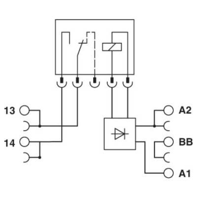 Schaltplan eines Relais mit Anschlüssen 13, 14, A2, BB, A1 und eingebauter Diode. Zeigt elektrische Verbindungen und Schaltkontakte.
