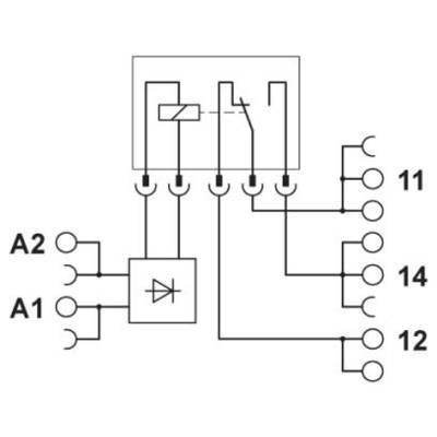 Ein elektrisches Schaltbild zeigt ein Relais mit Anschlüssen an A1, A2 und den Klemmen 11, 12 und 14. Ein Diodensymbol ist vorhanden.