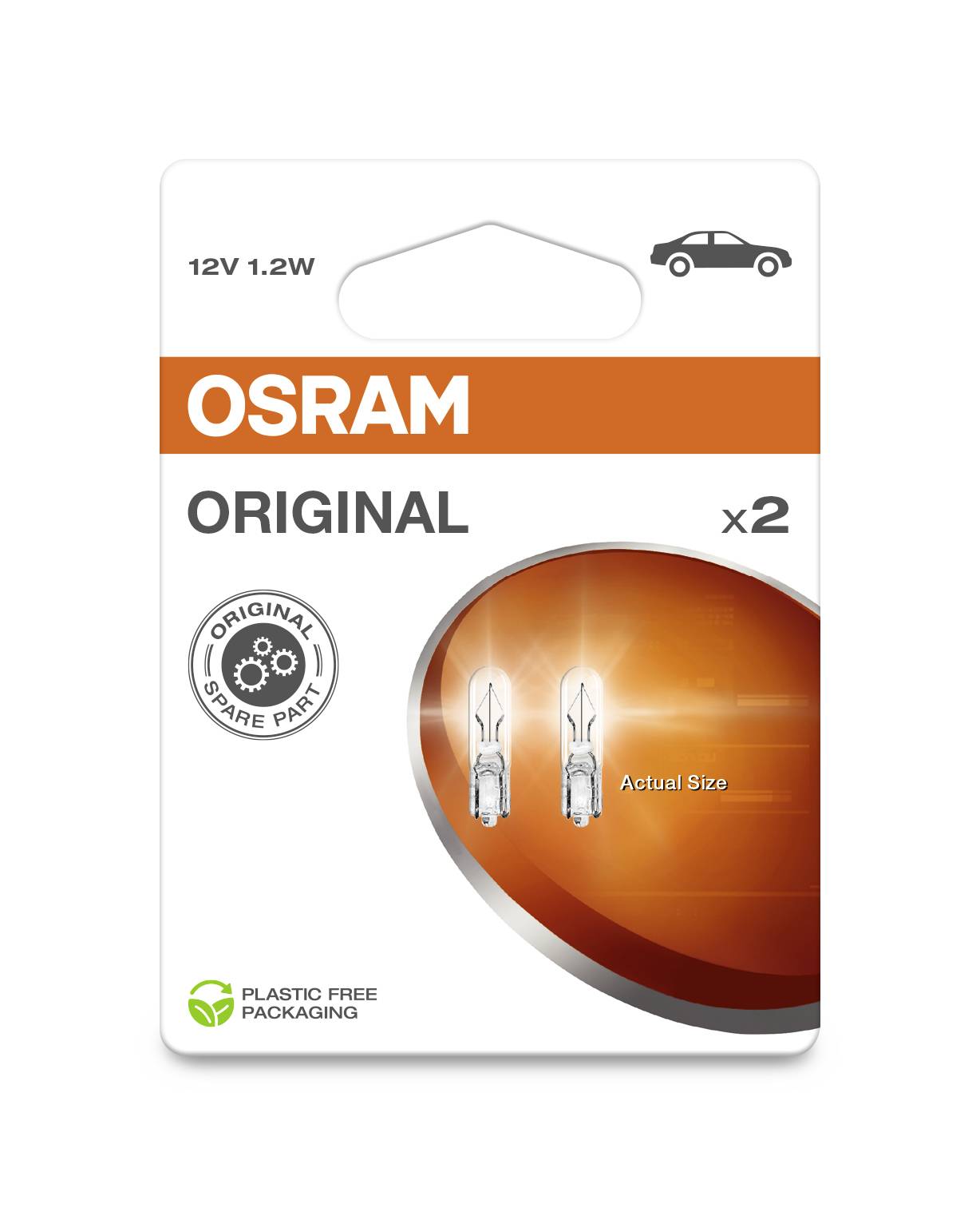 Verpackung von zwei 12V 1.2W OSRAM-Glühlampen, Original-Ersatzteile für Autos, plastikfrei verpackt.