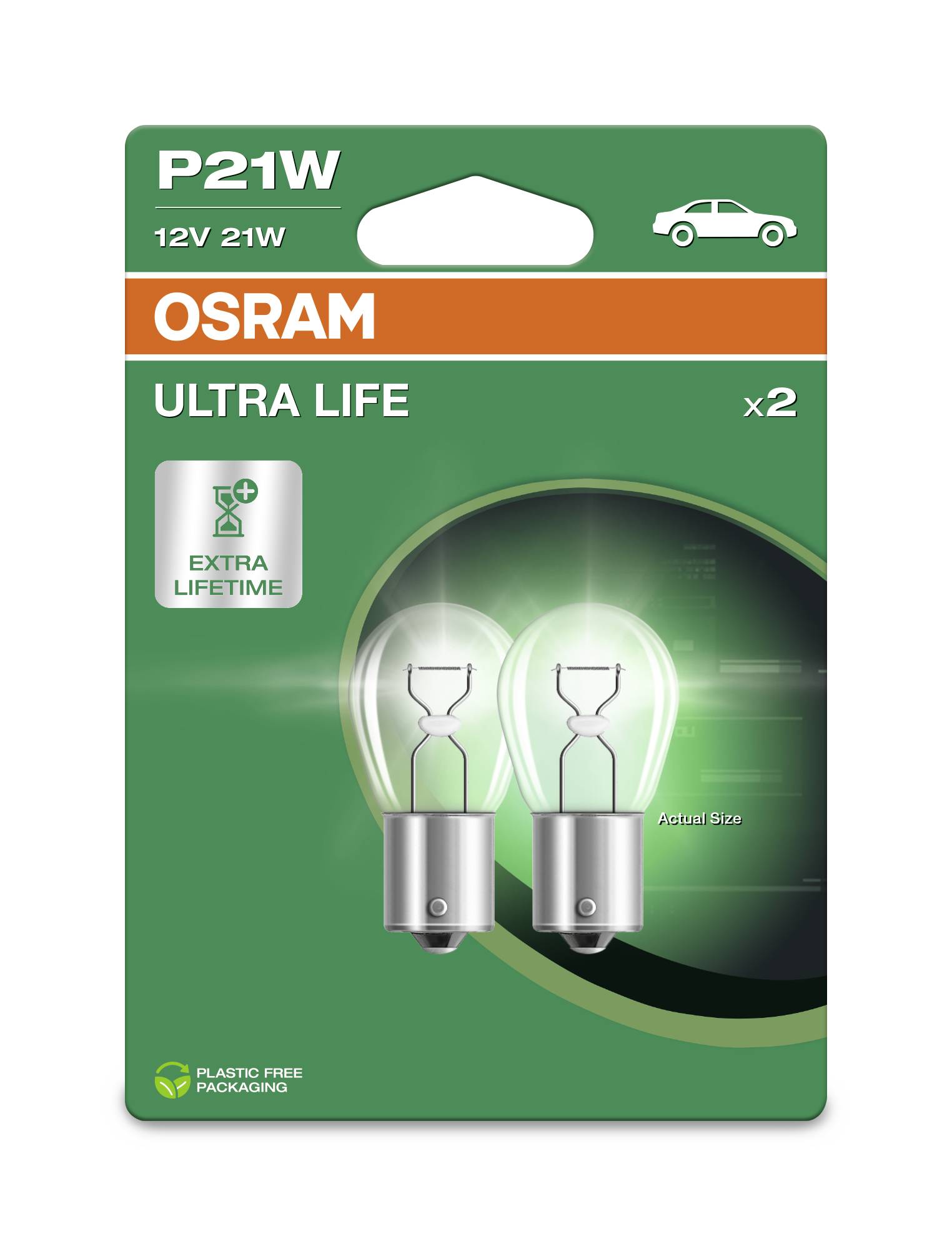 Verpackung von zwei P21W 12V 21W OSRAM Ultra Life Glühbirnen für Autos, mit Hinweis auf längere Lebensdauer und plastikfreie Verpackung.