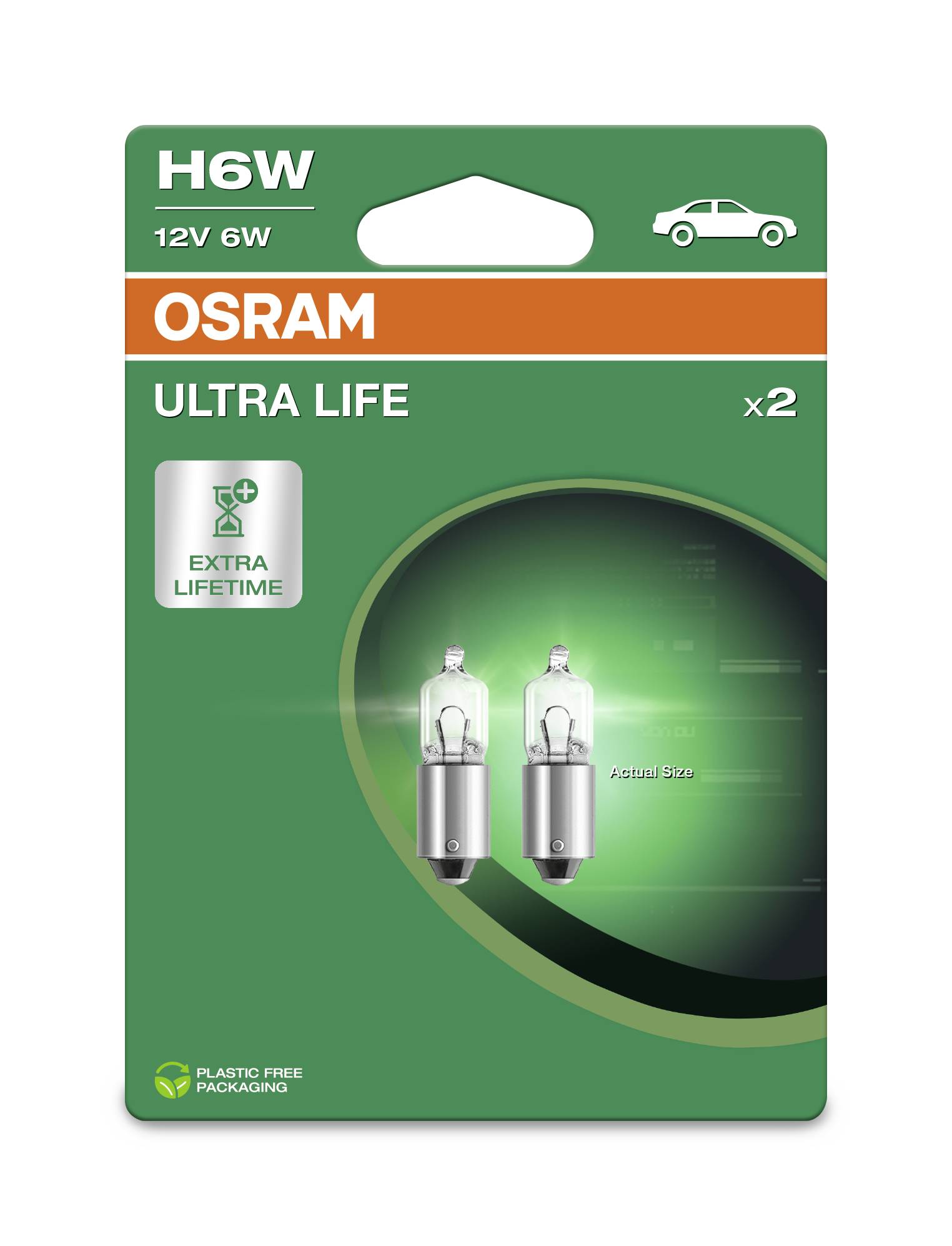 Verpackung von OSRAM H6W Ultra Life Autolampen, 12V 6W, mit zwei Glühbirnen. Enthält das Symbol für 'Extra Lifetime'.