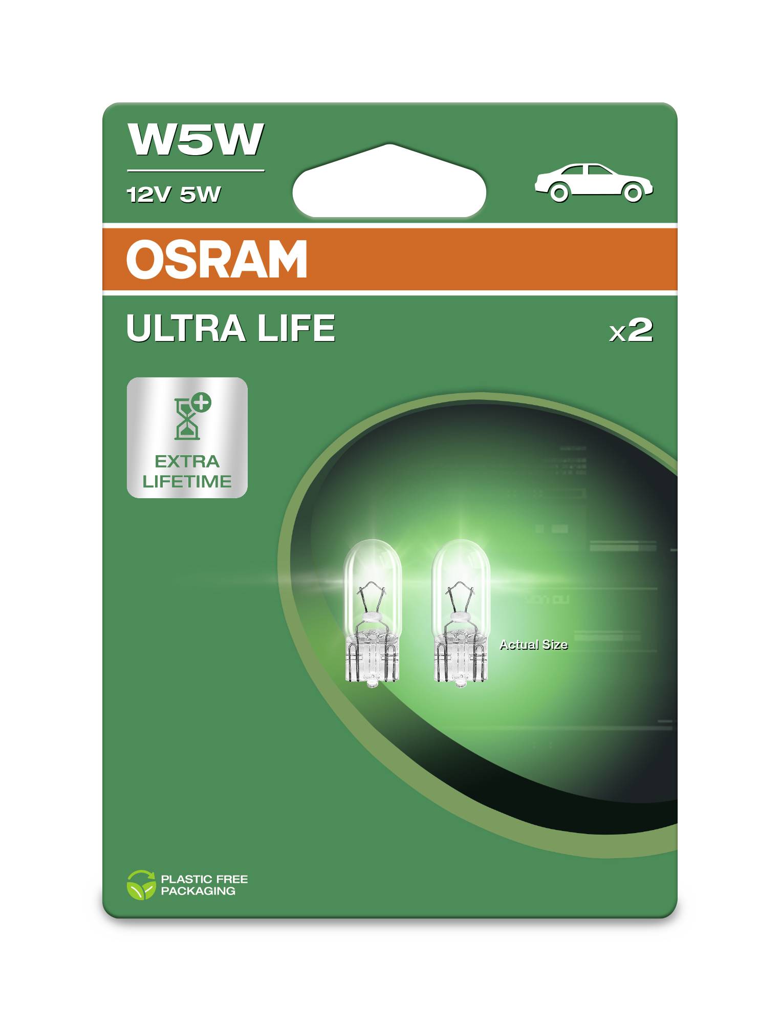 'Osram Ultra Life W5W 12V 5W' Autolampenverpackung mit zwei Glühbirnen, beworben mit 'Extra Lifetime'. Verpackung umweltfreundlich.