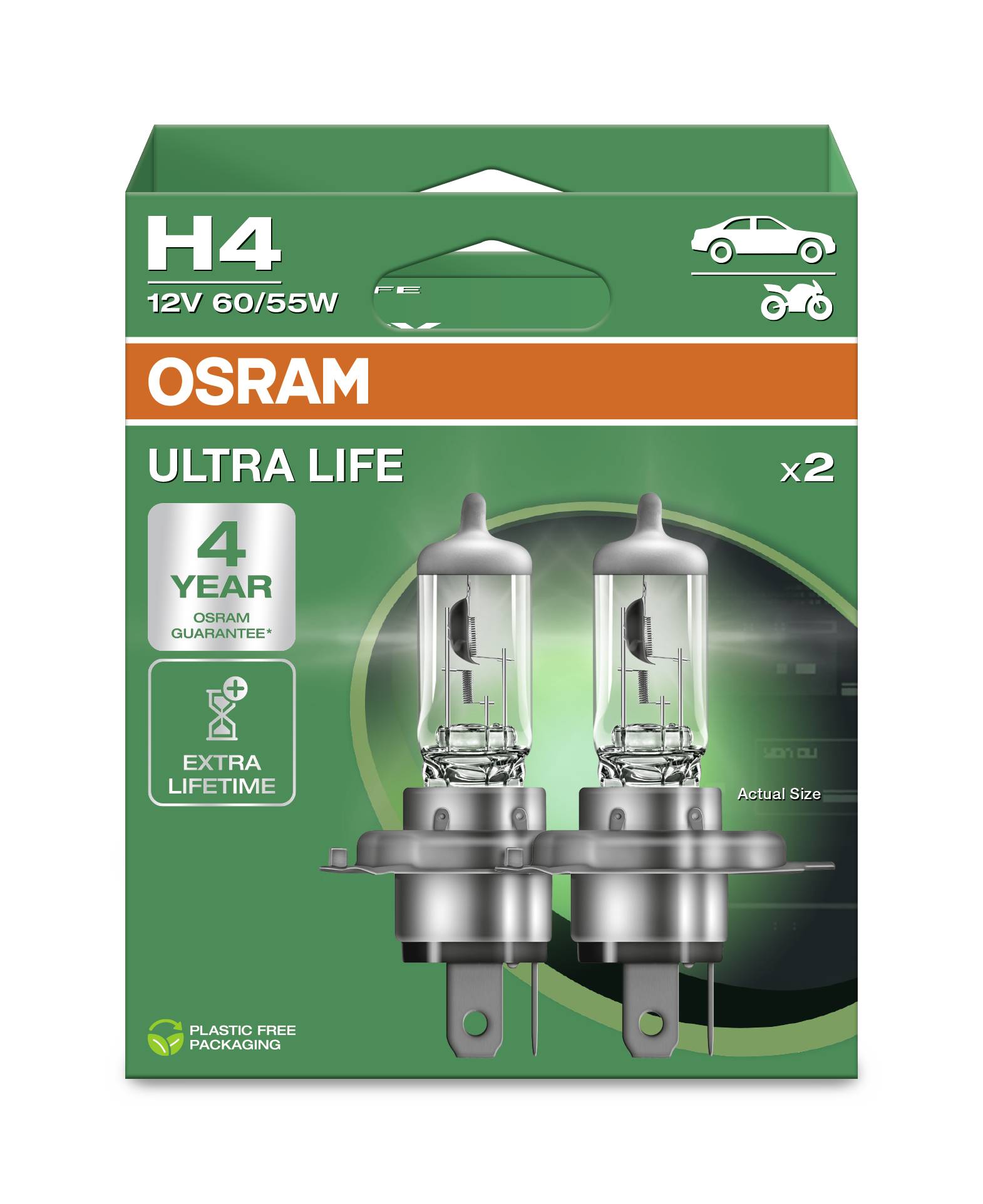 Zwei H4-Glühlampen in einem grünen Karton mit Aufschrift 'OSRAM Ultra Life, 4 year guarantee', geeignet für Autos und Motorräder.