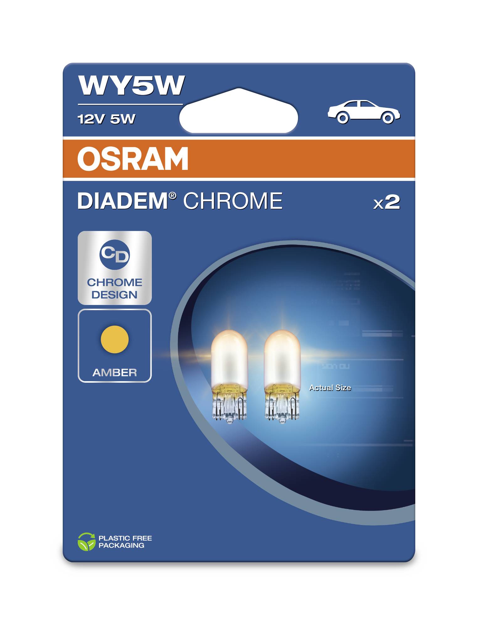 Zwei Auto-Glühlampen auf einer OSRAM-Verpackung. Text: 'WY5W', '12V 5W', 'DIADEM CHROME', 'AMBER', 'x2'. Für Fahrzeuge.
