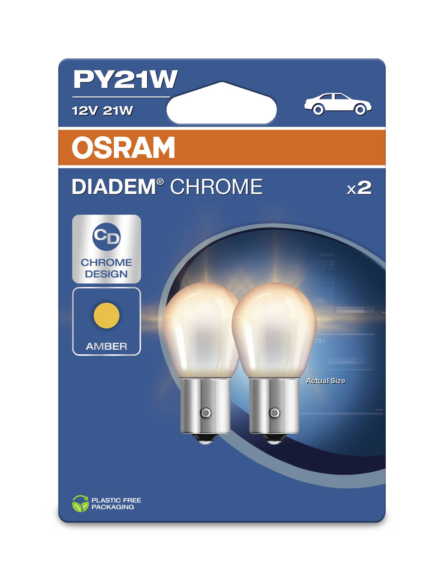Verpackung mit zwei OSRAM PY21W Chrom-Design Glühlampen für Autos, 12V 21W. Enthält Hinweis auf plastikfreie Verpackung.