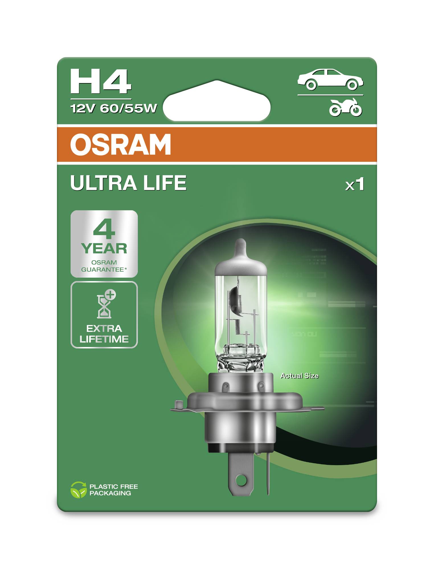 OSRAM H4 'Ultra Life' Autolampe Verpackung, verspricht 4 Jahre Lebensdauer, 12V 60/55W, extra lange Lebensdauer, plastikfreie Verpackung.