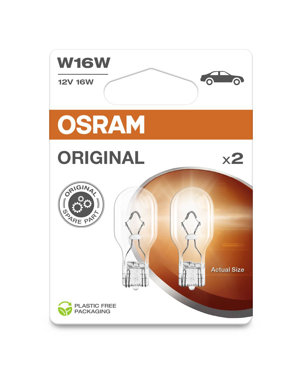Verpackung von OSRAM W16W 12V 16W Autolampen, Original-Ersatzteil, enthält 2 Lampen, plastikfreie Verpackung.