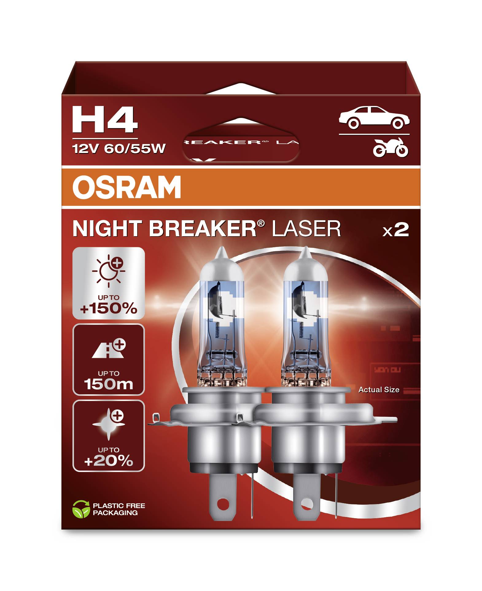 Verpackung von OSRAM Night Breaker Laser H4-Glühlampen, zeigt zwei Auto-Scheinwerferlampen mit Fokus auf verbesserte Sichtweite und Helligkeit.