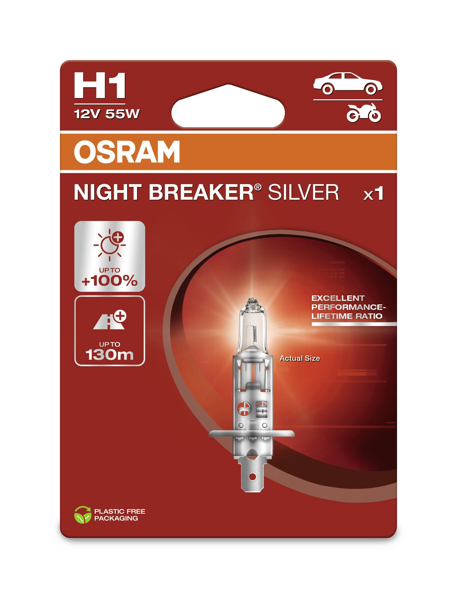 Osram 'Night Breaker Silver' Halogenlampe, 12V, 55W, bietet bis zu 100% mehr Helligkeit und 130m Reichweite. Kunststofffreie Verpackung.