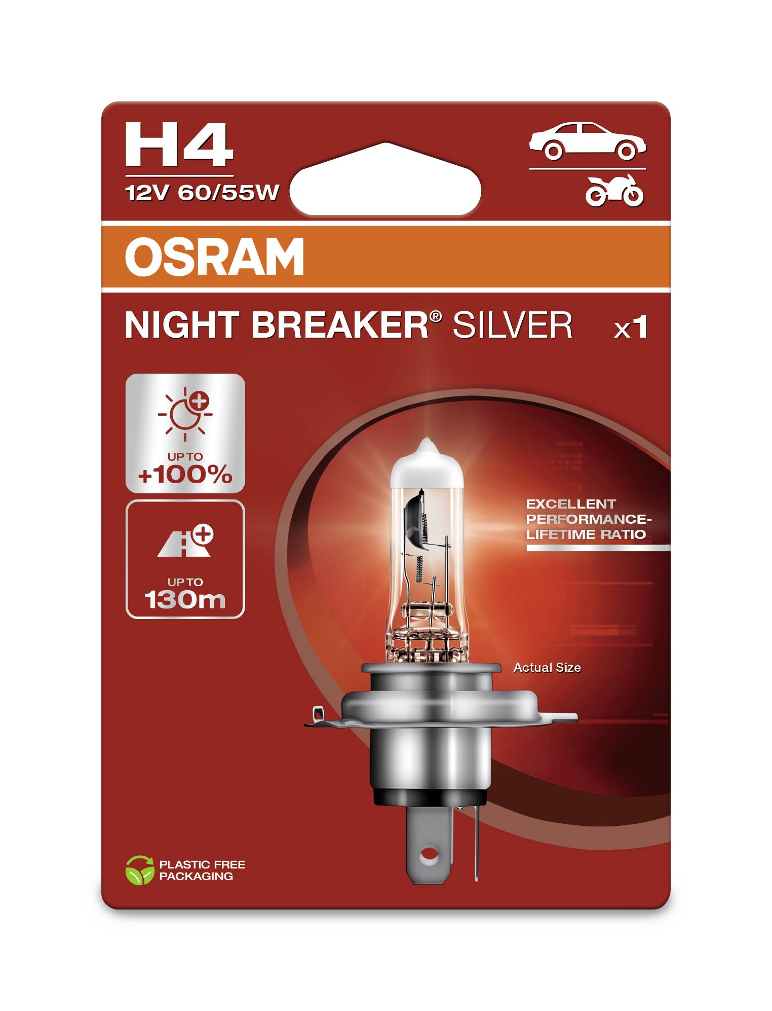 'OSRAM NIGHT BREAKER SILVER H4, 12V 60/55W.' Verbesserte Sicht bis 130m, 100% mehr Helligkeit. Kunststofffreie Verpackung.