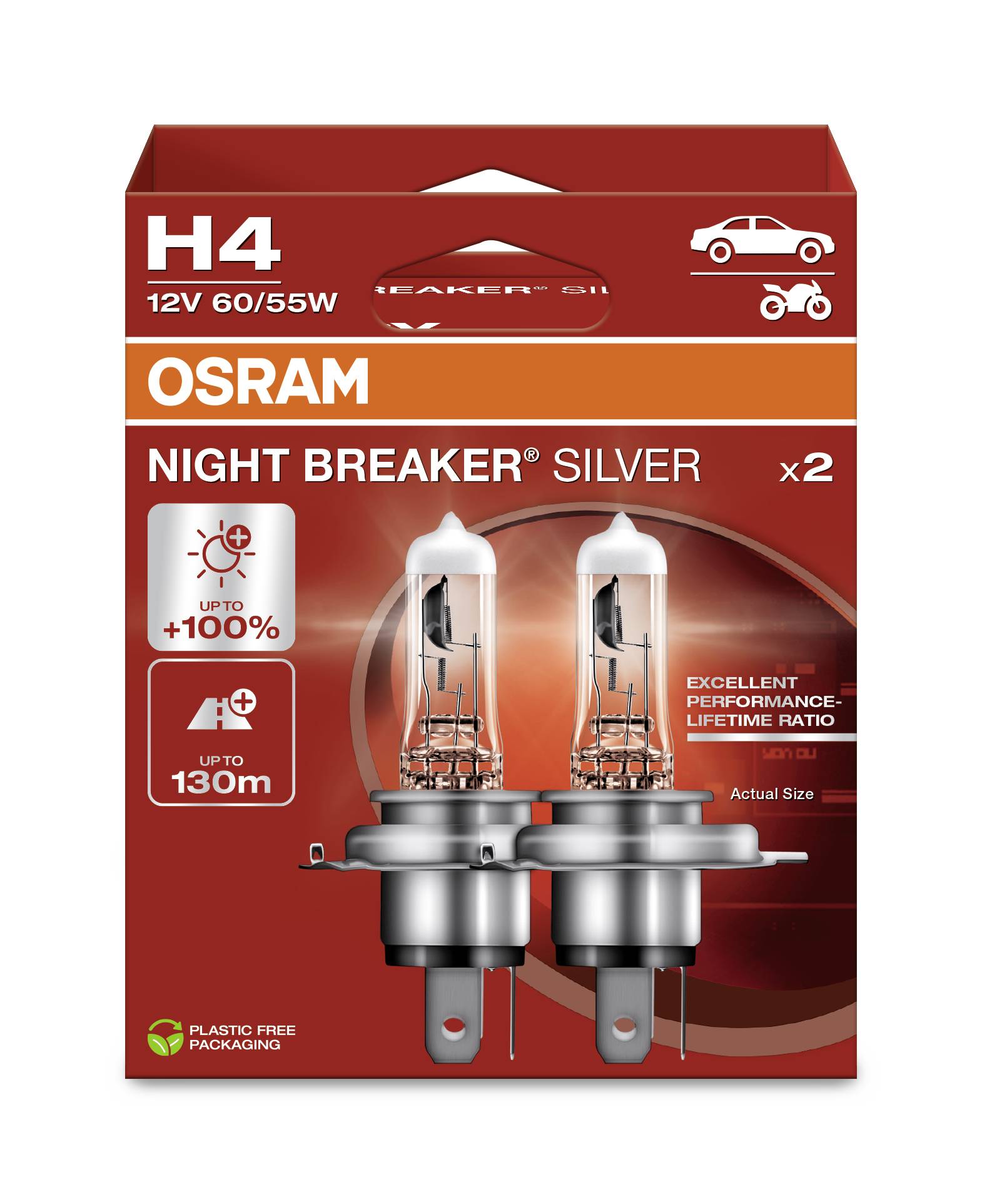 'OSRAM NIGHT BREAKER SILVER' H4-Lampenverpackung, zeigt zwei Autolampen. Hervorgehobene Eigenschaften: 100% mehr Licht, bis zu 130m Leuchtweite, plastikfreie Verpackung.