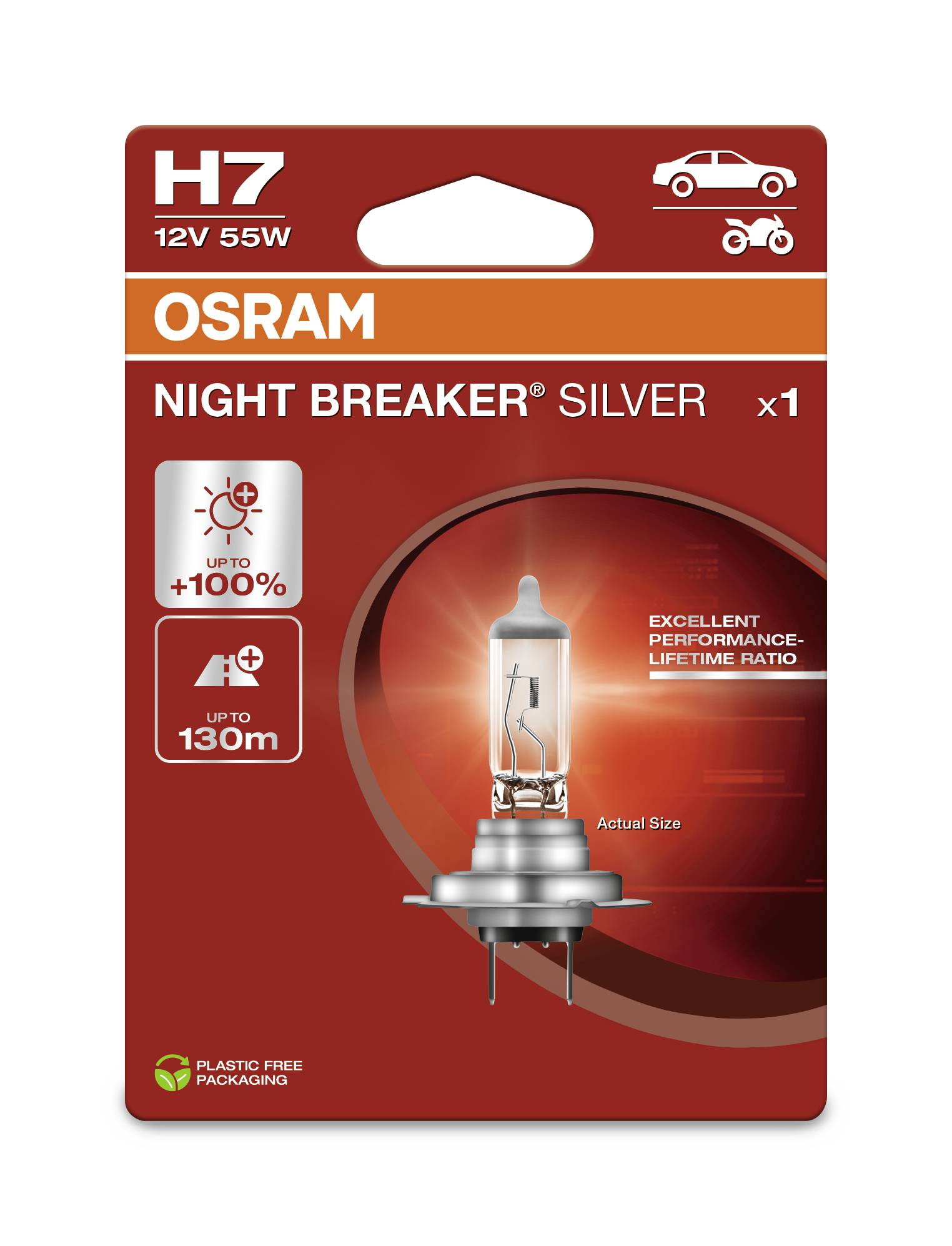Verpackung einer OSRAM H7 Glühbirne, 12V 55W. Text: 'Night Breaker Silver', 'bis zu +100% mehr Licht', 'bis zu 130m Reichweite'.