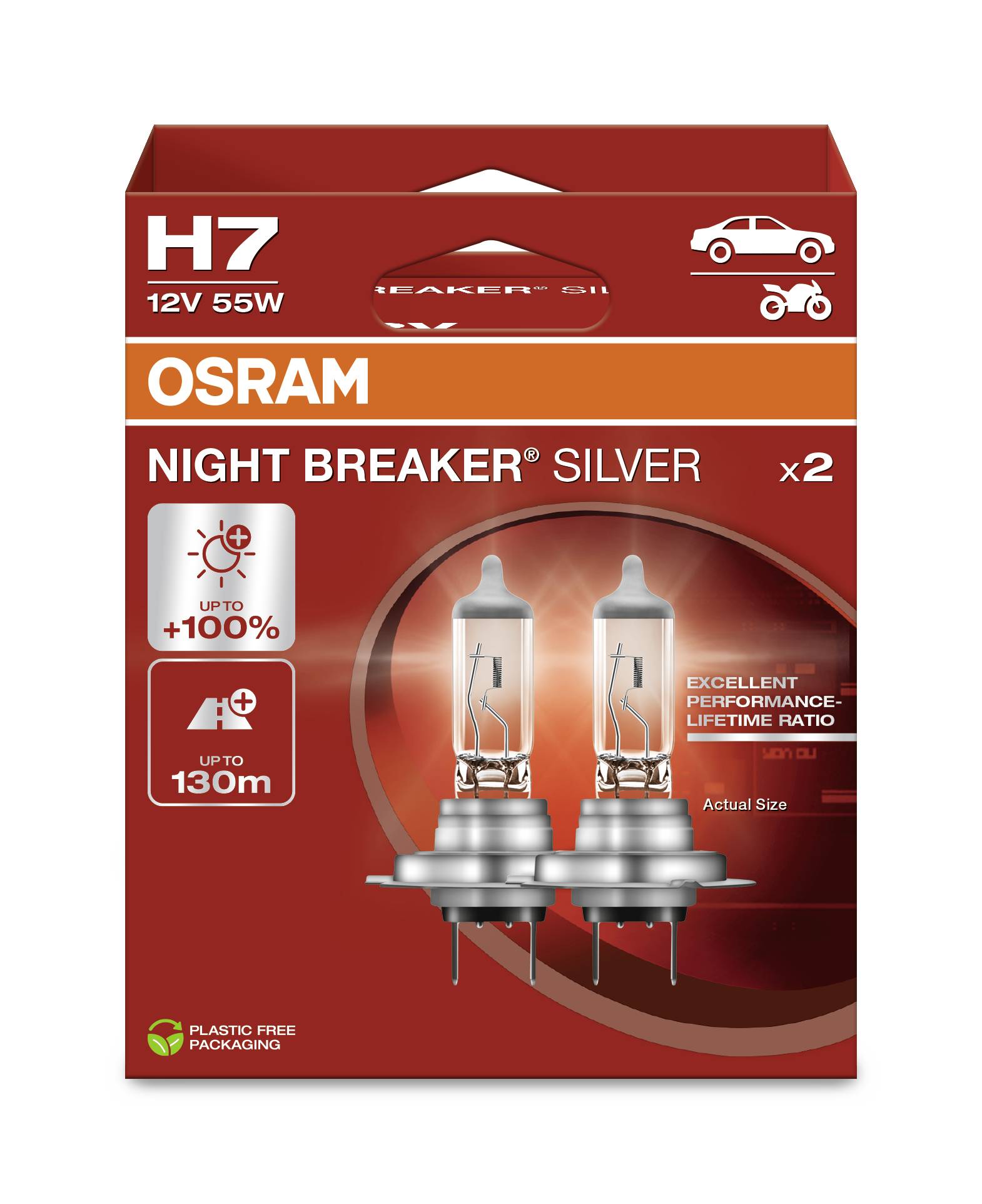 Zwei H7 12V 55W OSRAM 'Night Breaker Silver' Halogenlampen in roter Verpackung, versprechen 100% mehr Helligkeit und 130m mehr Reichweite.