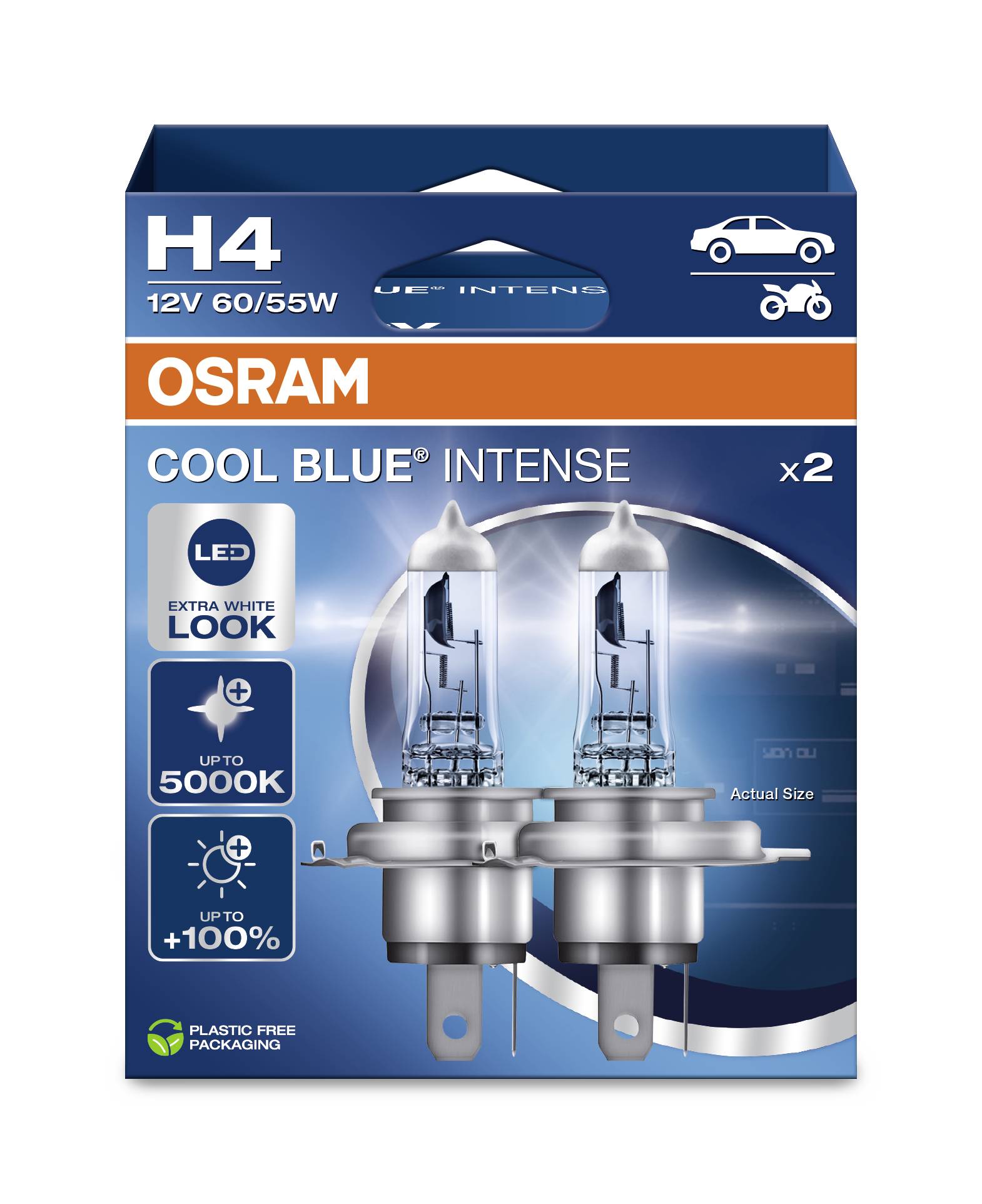 'Osram Cool Blue Intense H4' Autolampen-Verpackung. Enthält zwei 12V-Lampen mit 60/55W, bis zu 5000K, extra weißes Licht, plastikfreie Verpackung.