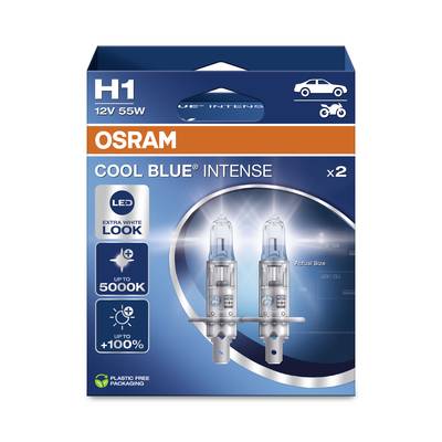 Verpackung von OSRAM H1 12V 55W Glühbirnen, Markenname 'COOL BLUE' betont. Enthält zwei weiß leuchtende Glühbirnen mit 5000K.