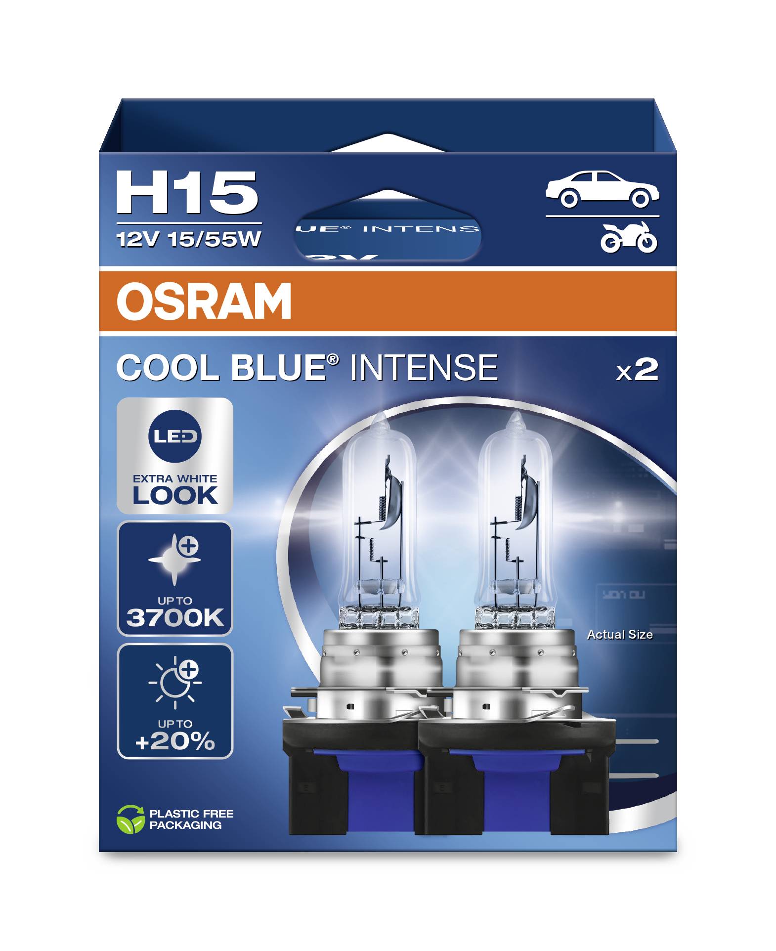 Osram H15 'Cool Blue Intense' Autolampe, 3700K, bietet bis zu 20% mehr Helligkeit. Verpackung zeigt zwei Lampen mit LED-Design.