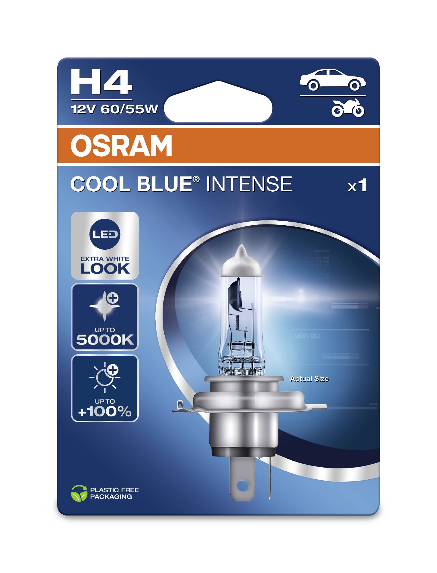 Eine Osram H4 Glühbirne-Verpackung. Betont 'Cool Blue Intense' mit bis zu 5000K Farbtemperatur und 100% mehr Helligkeit.