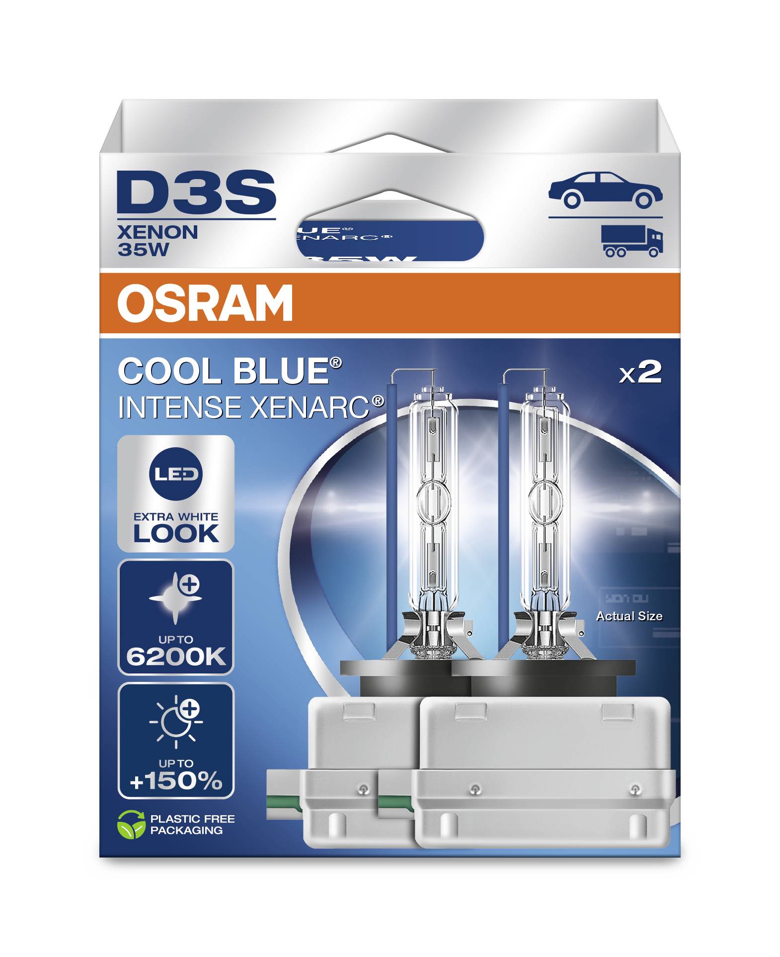 'Osram D3S Xenon 35W' Autolampenverpackung. Zwei Xenon-Birnen in 'Cool Blue Intense' Ausführung, extra weißes Licht, 6200K Farbtemperatur. Verpackung ohne Plastik.