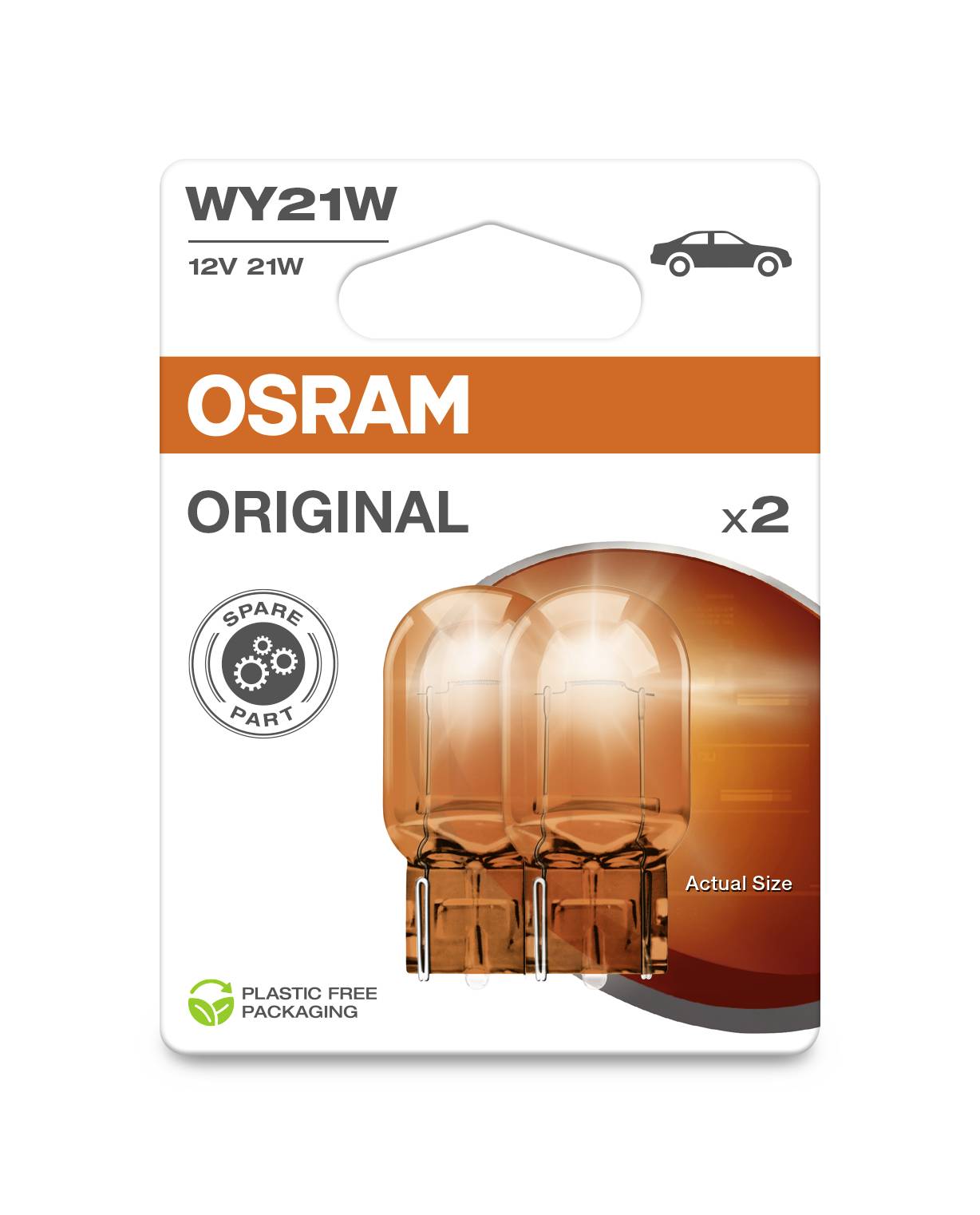 Zwei orangefarbene Osram WY21W Autolampen in einer Originalverpackung mit 'SPARE PART'-Symbol, 12V 21W, plastikfreie Verpackung.