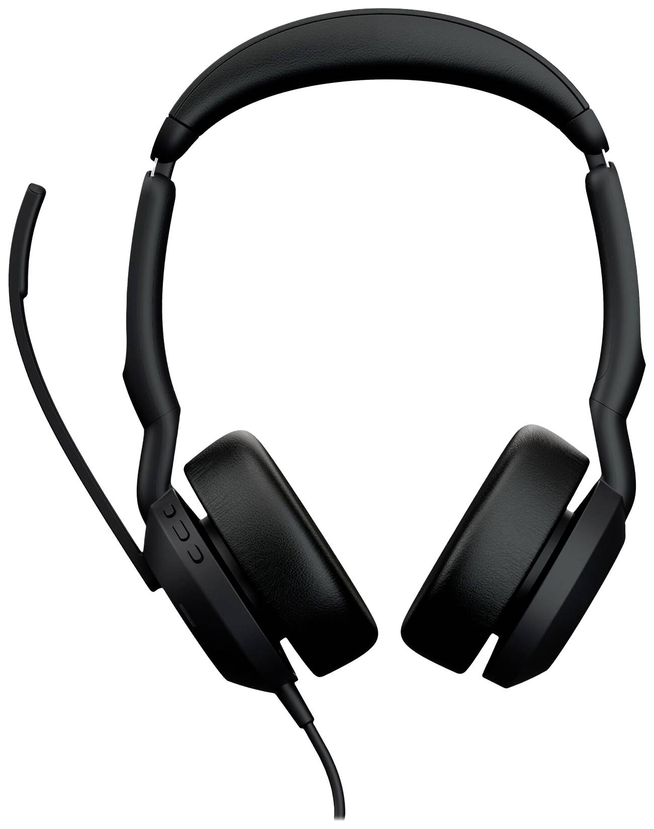 Schwarzes Headset mit Mikrofon, Ohrpolstern und Kopfbügel. Geeignet für Anrufe oder Musikhören.
