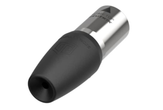 Ein schwarz-silbernes, zylinderförmiges Objekt, möglicherweise ein technischer Anschluss oder Adapter, mit einem Logo auf der schwarzen Kappe.