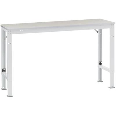 Ein rechteckiger, grauer Tisch mit Metallbeinen und glatter Oberfläche.
