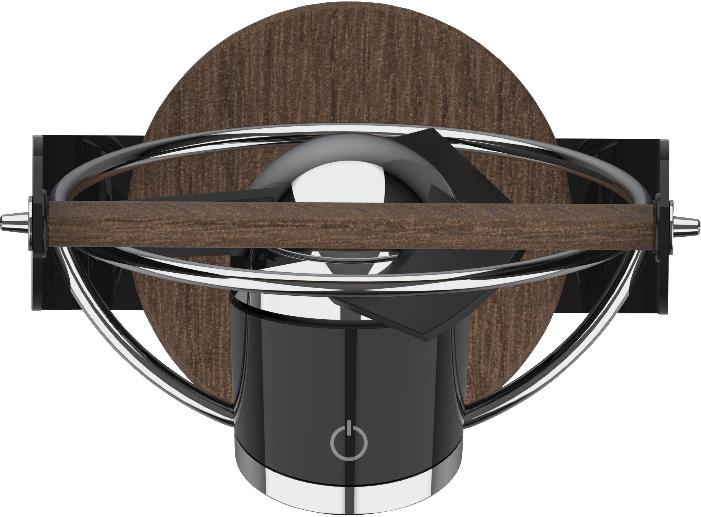 Ein moderner, runder Deckenventilator mit glänzenden Metallflügeln und Holzpaneelen. Zentrale Glaskuppel mit Power-Symbol.