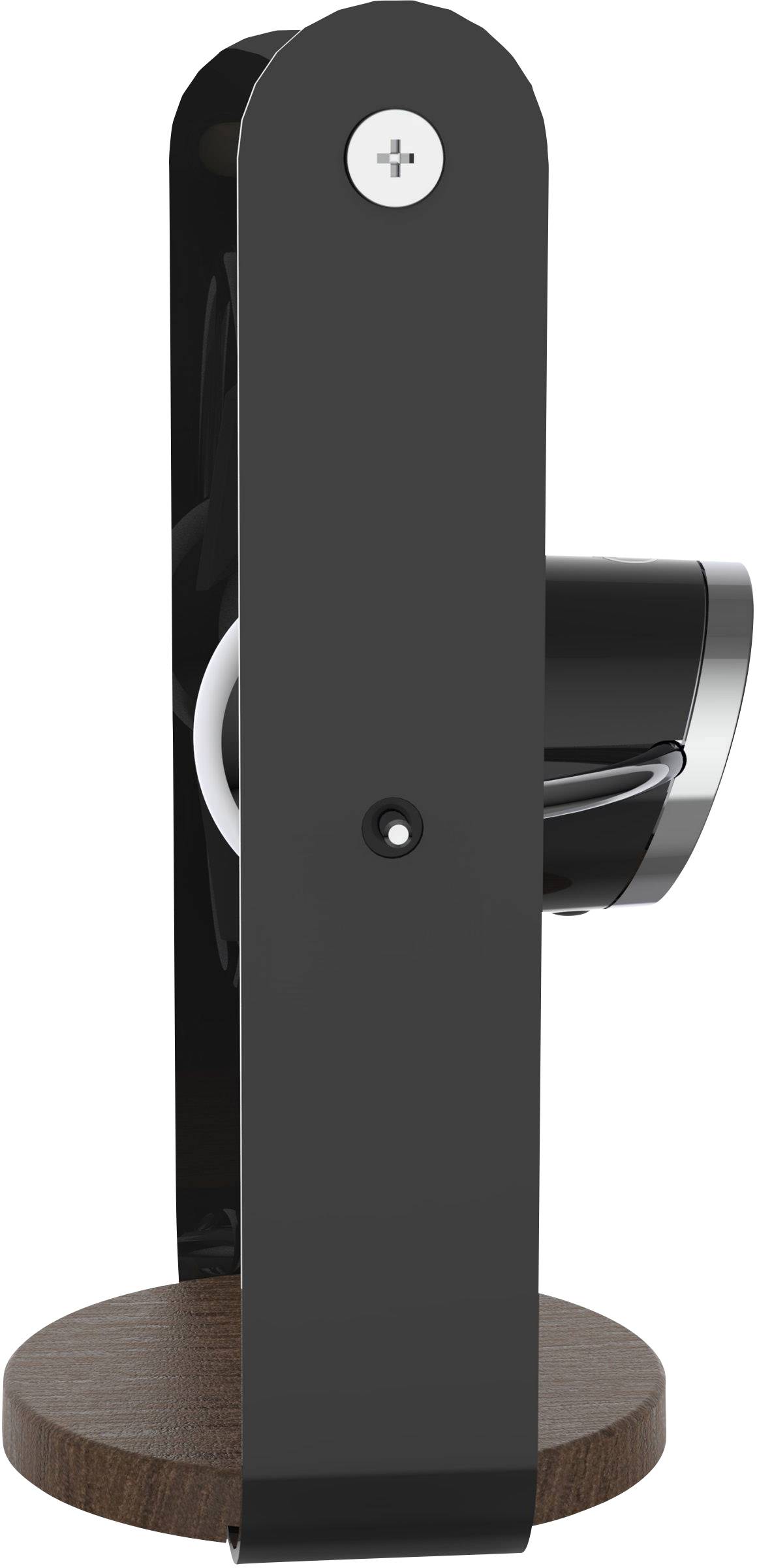 Ein schwarzer Tischventilator mit rundem Holzsockel, seitlich abgebildet.