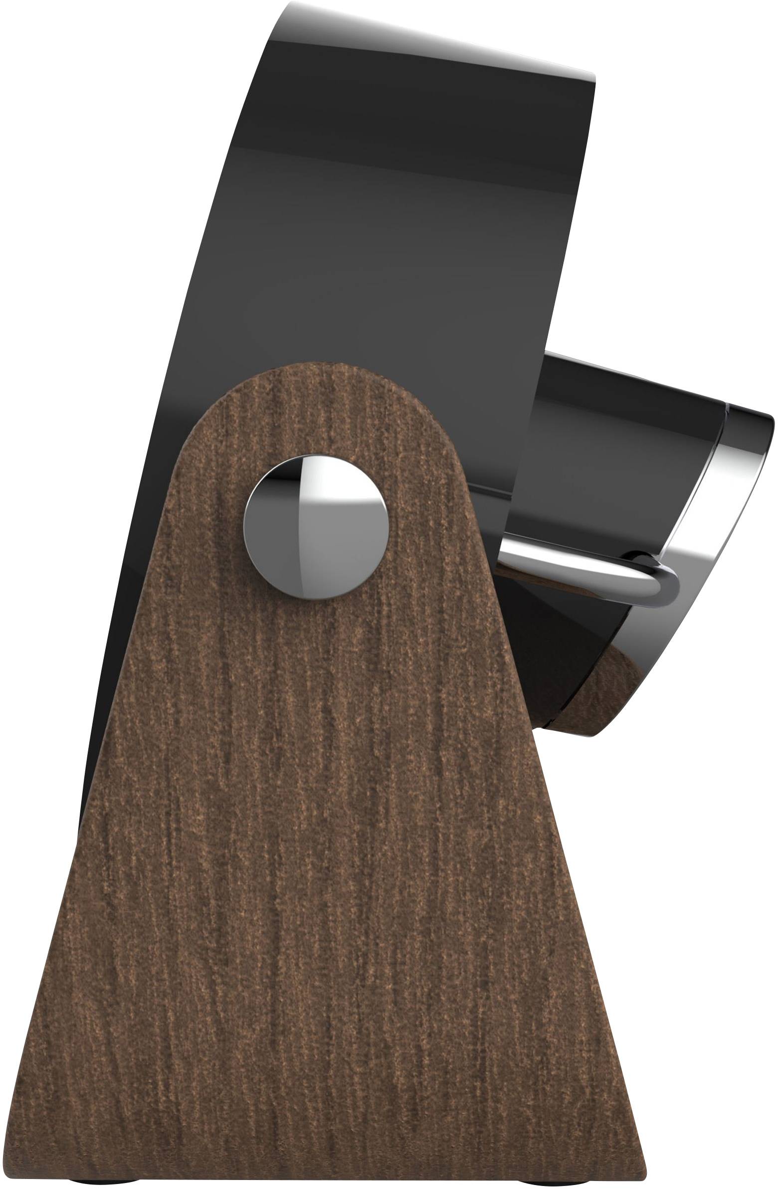 Ein stilvoller Lautsprecher mit einem modernen Design aus Holz und Metall. Der Lautsprecher ist geneigt und zeigt eine attraktive Form.