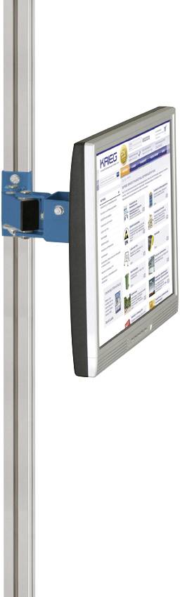 Ein Flachbildschirm ist an einem vertikalen Metallgestell mit einem blauen Halter befestigt. Auf dem Bildschirm ist eine Webseite zu sehen.