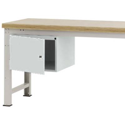 Rechter Teil eines Arbeitstisches mit einer Metallbox darunter. Die Box hat eine offene Tür. Der Tisch hat eine helle Holzoberfläche.