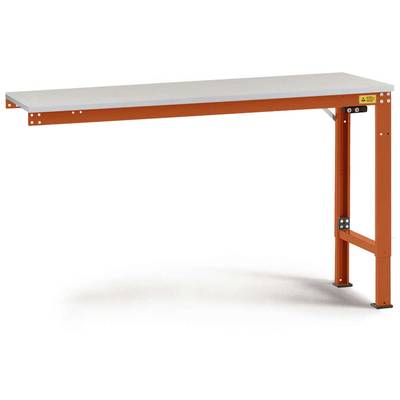 Einzelner Tisch mit einem Metallrahmen in Orange und einer glatten, rechteckigen Tischplatte in Grau.