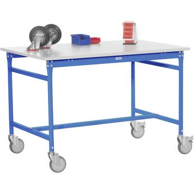 Ein blauer Arbeitstisch mit Rollen, darauf zwei kleine Räder, eine rote Box und ein Notizzettelhalter.
