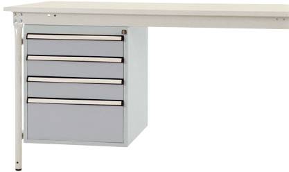 Ein Metalltisch mit vier Schubladen auf der linken Seite. Schlichtes Design, geeignet für Büroumgebungen.